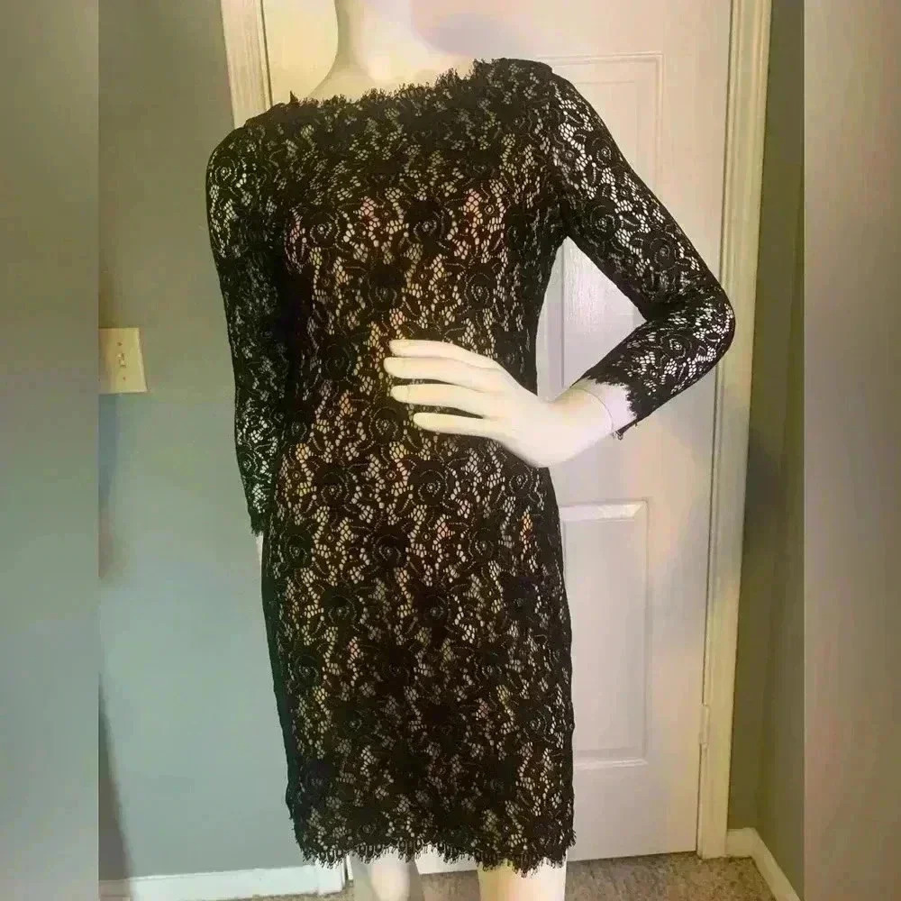 Eliza J Dress Womens 4 Black Lace Overlay Knee Length Event Party Sheath #304